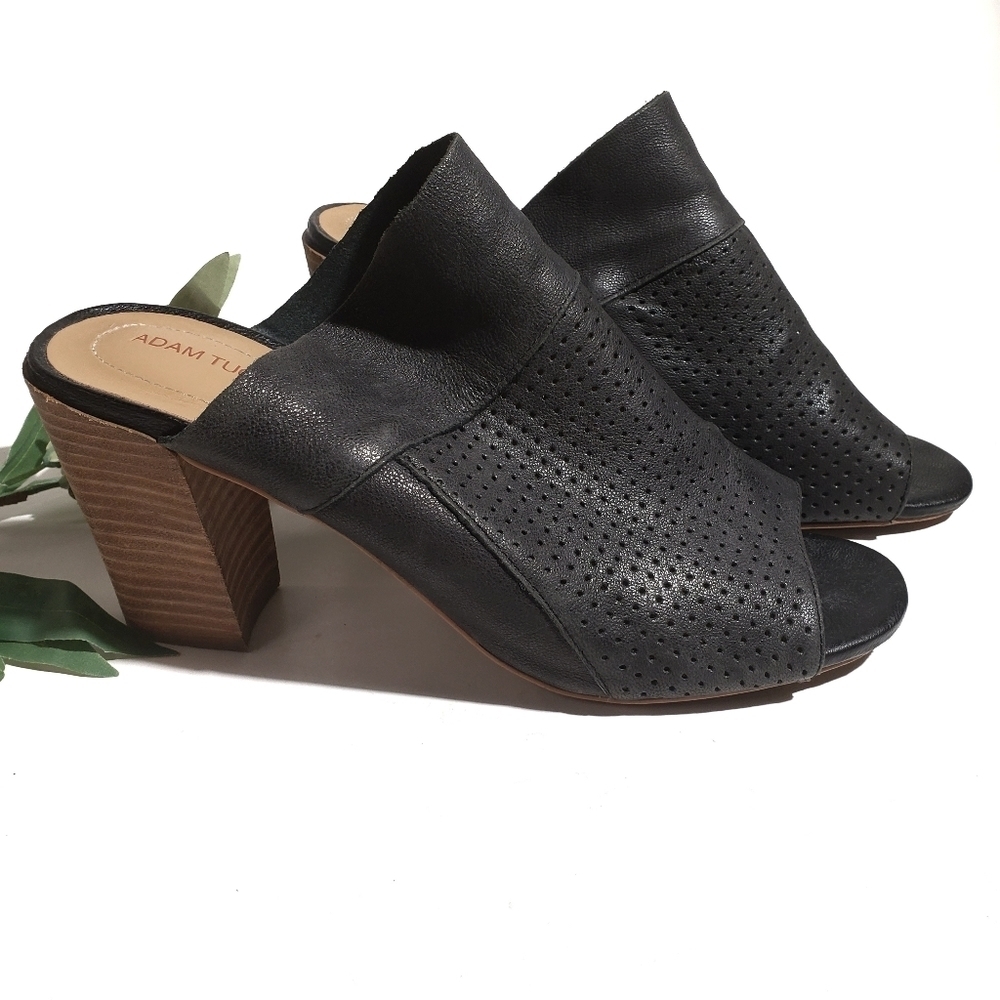 Adam Tucker Block Heel Perforated Leather Sandals Black Peep Toe